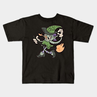 Comic witch rides on a broom Kids T-Shirt